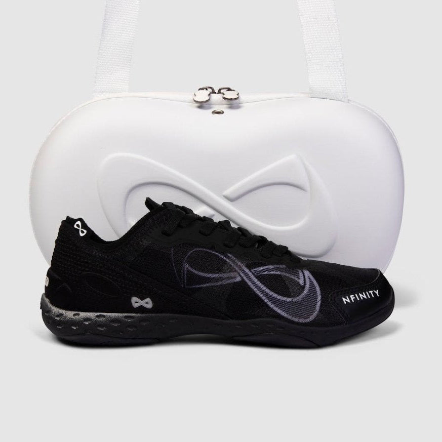 Nfinity Alpha cheer shoe in black with a white shoe case