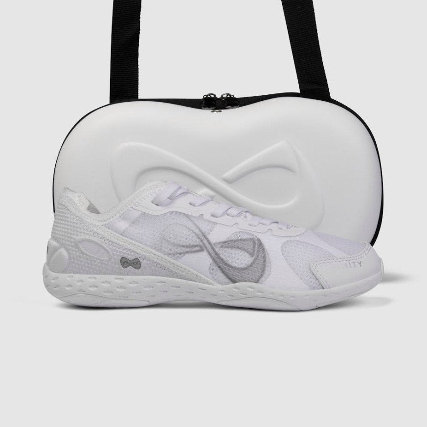 Nfinity Alpha cheer shoe in white with a white shoe case
