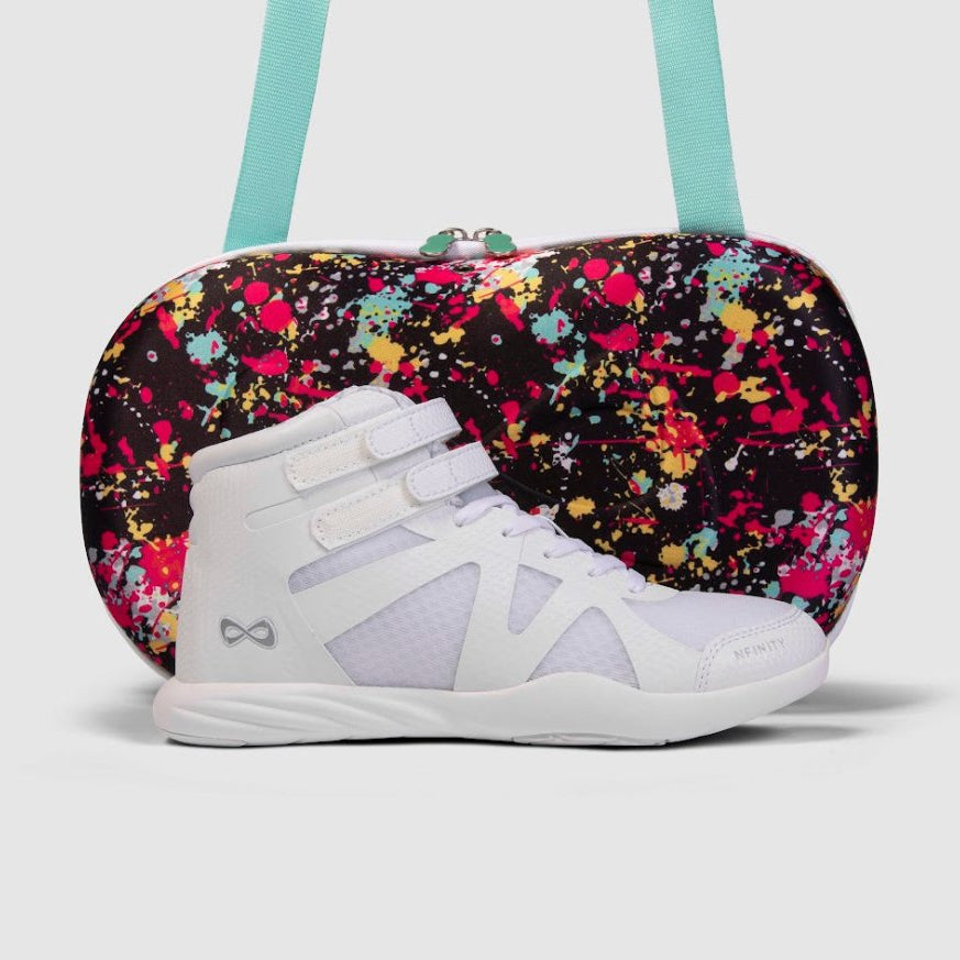 Nfinity Beast mid-top cheer shoe in white with a paint-splatter shoe case