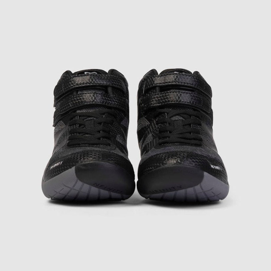 Nfinity Beast mid-top cheer shoe in black, pair, front view