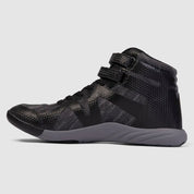 Nfinity Beast mid-top cheer shoe in black, side view, facing left