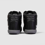 Nfinity Beast mid-top cheer shoe in black, pair, heel view