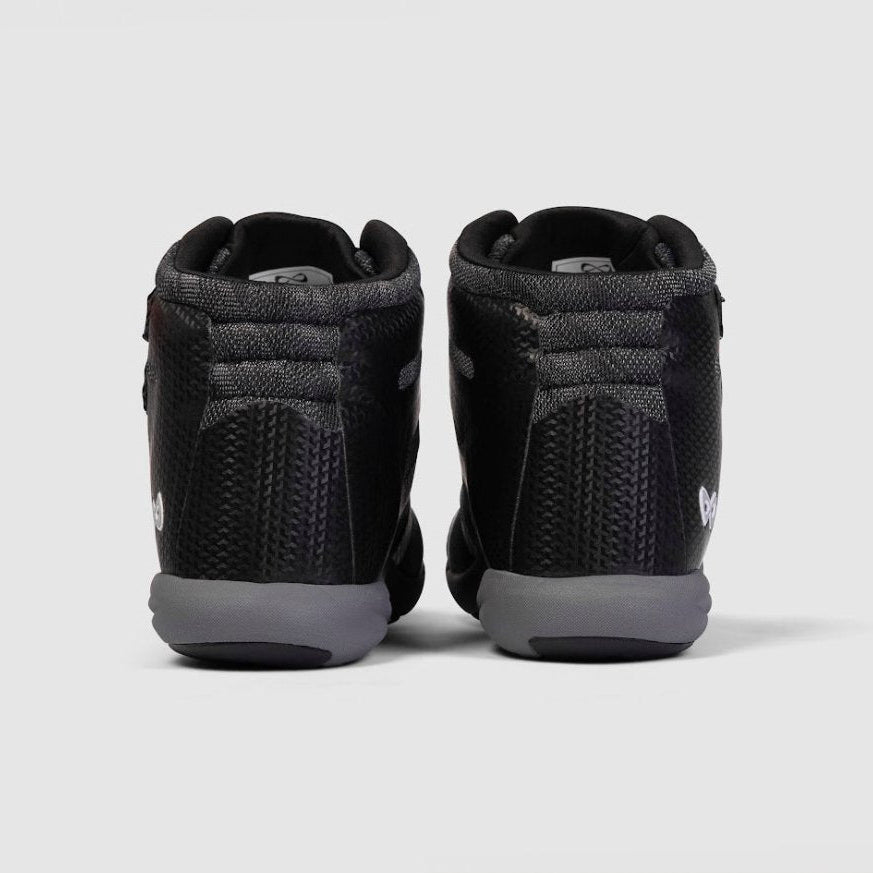 Nfinity Beast mid-top cheer shoe in black, pair, heel view
