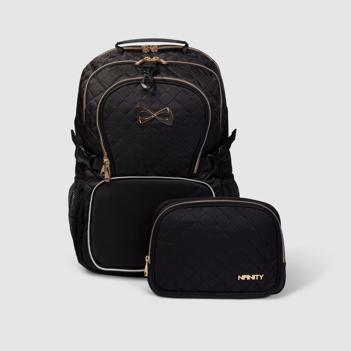 black quilted leather lettering charms backpack Black and Gold Backpack