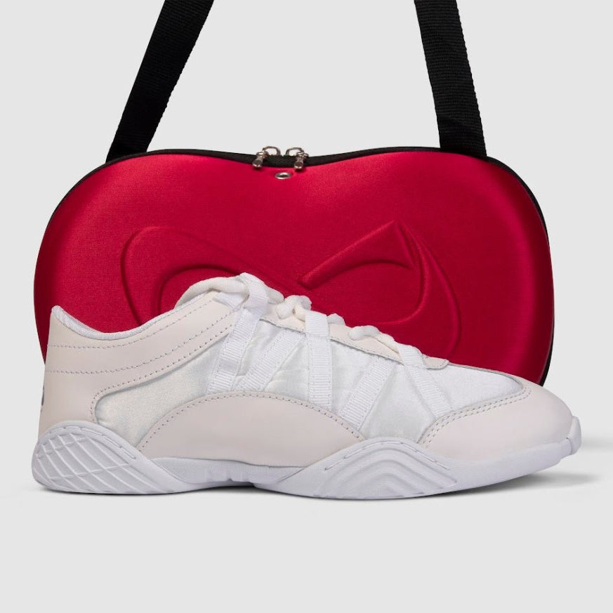 Nfinity Evolution cheer shoe in white with a red shoe case