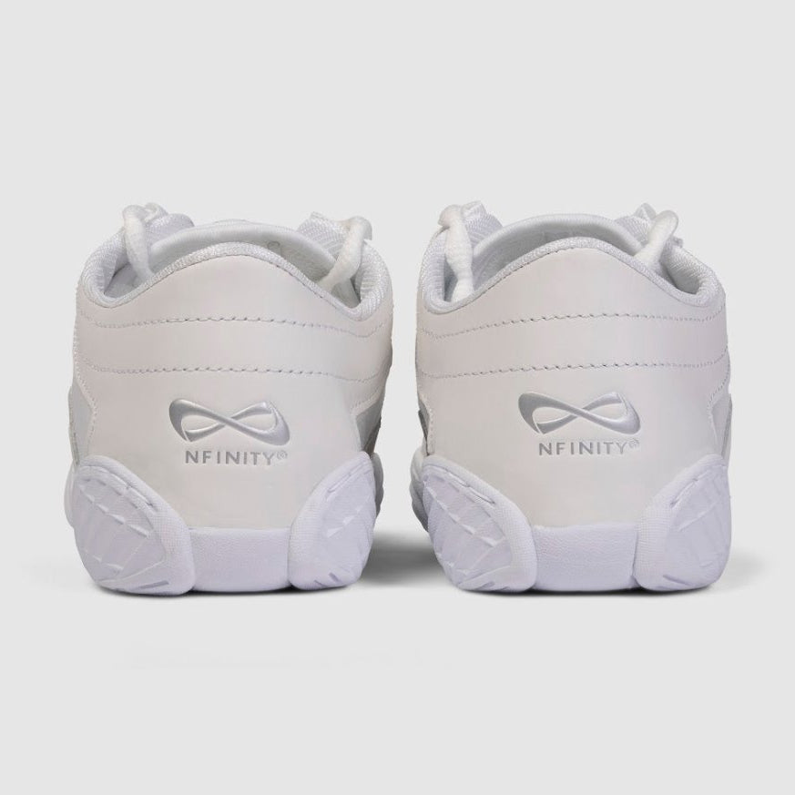 Nfinity Evolution cheer shoe in white, pair, heel view