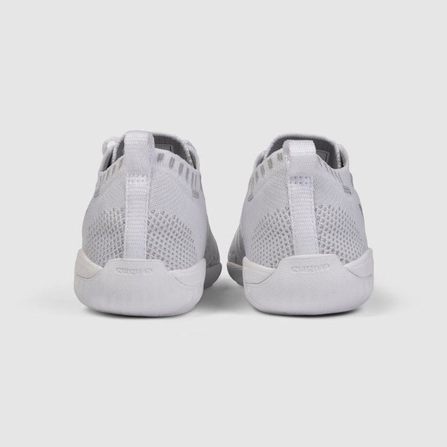 Nfinity Flyte cheer shoe in white, pair, heel view