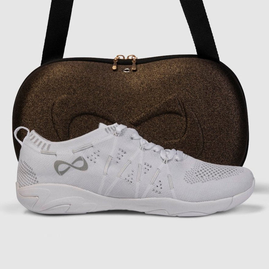 Nfinity Flyte cheer shoe in white with a bronze shoe case