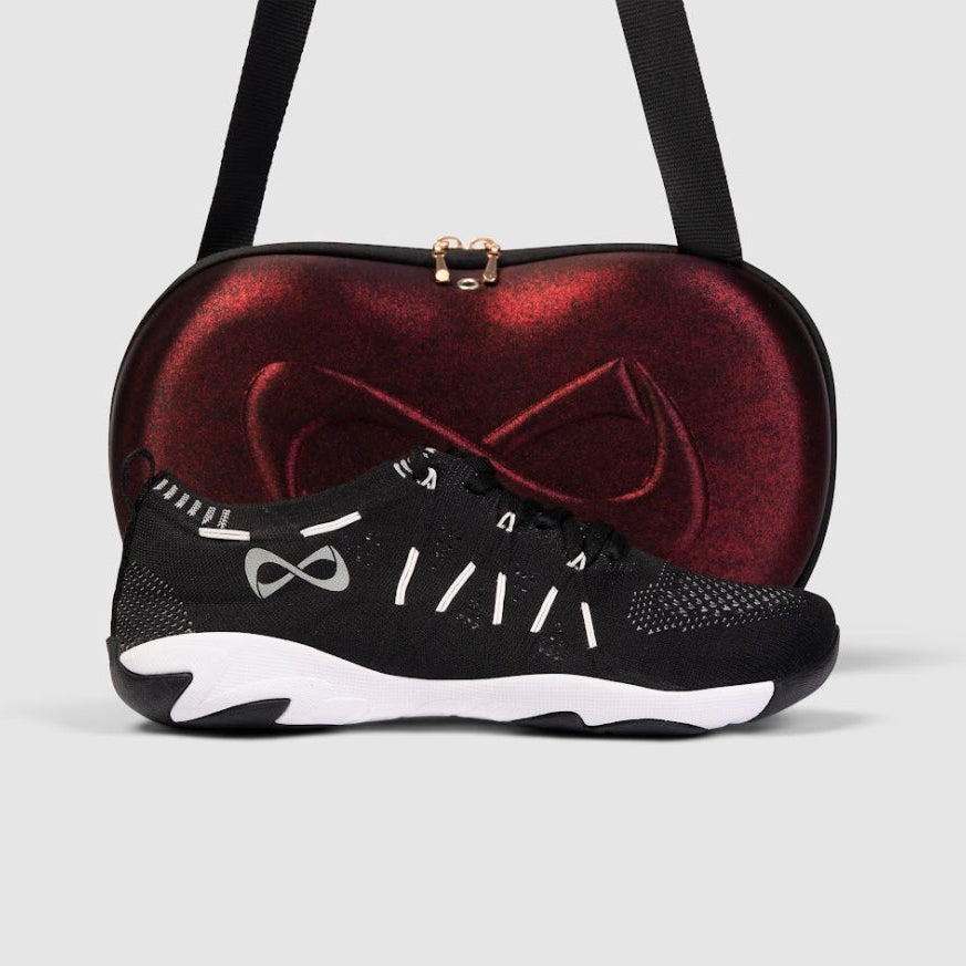 Nfinity Flyte cheer shoe in black with a red shoe case