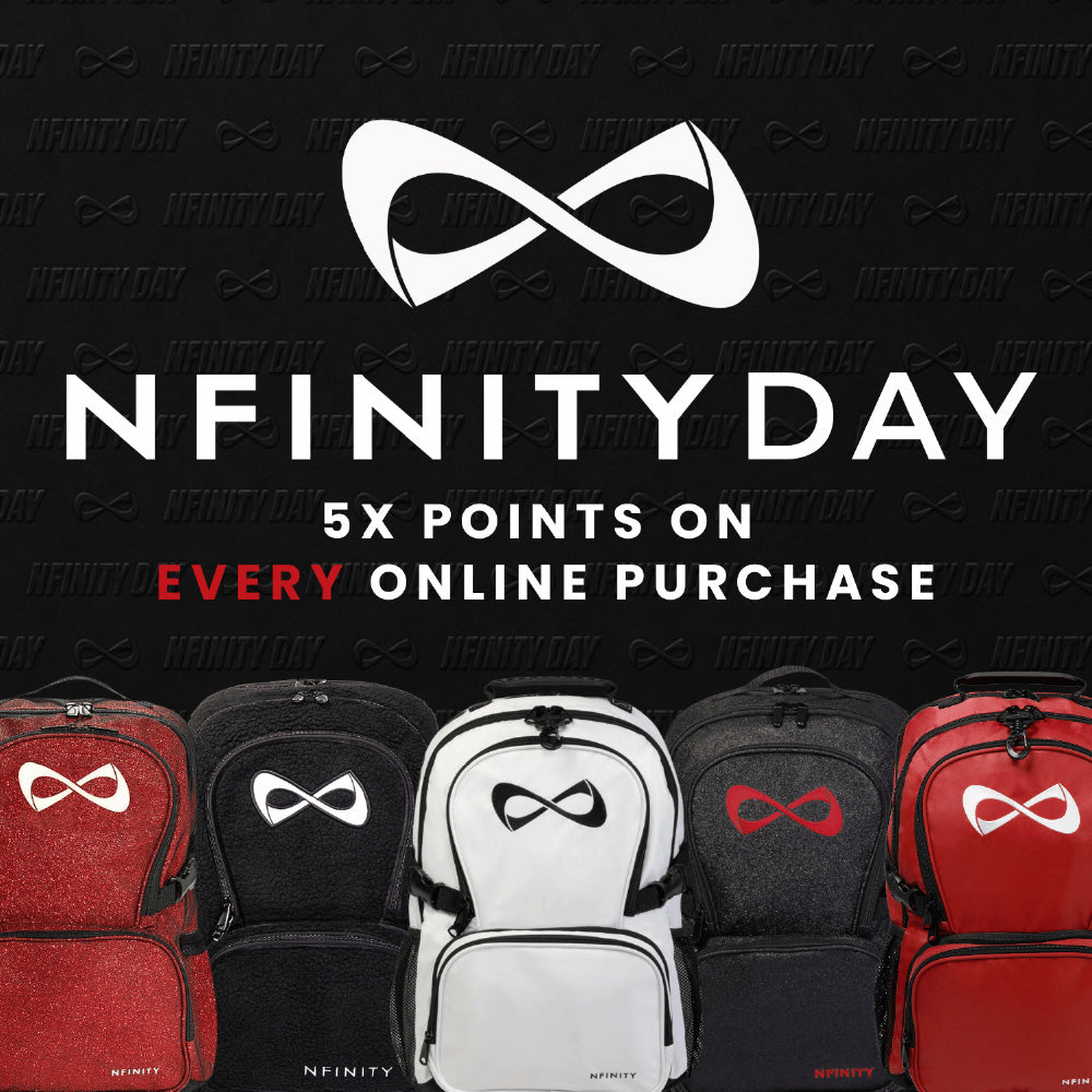 Nfinity Day graphic displaying the Nfinity infinity logo and text reading "Nfinity Day: 5X Points on Every Online Purchase" against a dark branded background, showcasing five Nfinity backpacks in red glitter, black fleece, white, dark heather gray, and red.