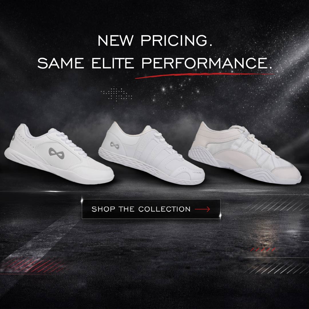 Three white Nfinity cheer shoes — New Pricing, Same Elite Performance