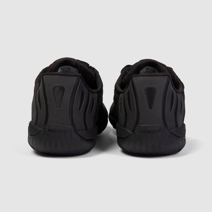 Nfinity Vengeance cheer shoe in black, pair, heel view