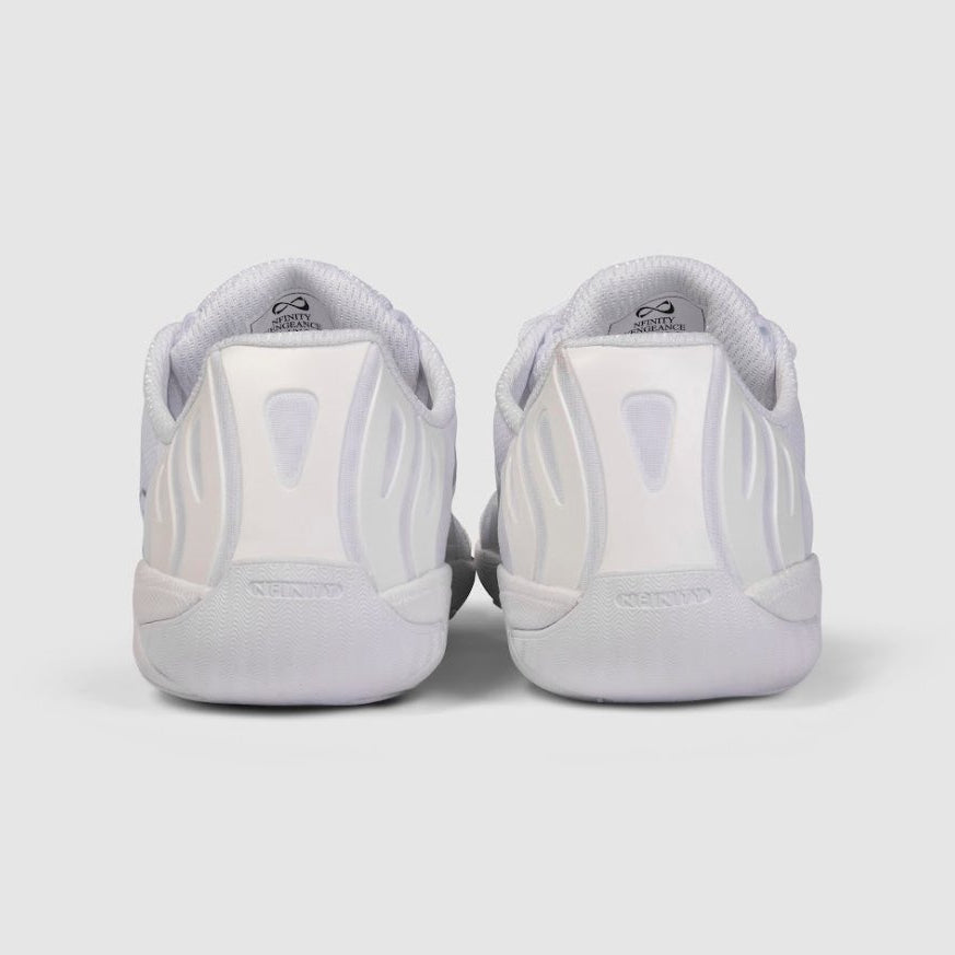 Nfinity Vengeance cheer shoe in white, pair, heel view