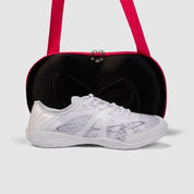 Nfinity Vengeance cheer shoe in white with a black and red shoe case