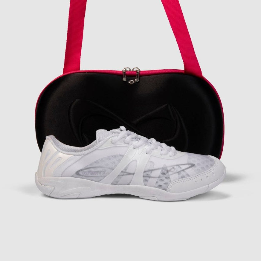 Nfinity Vengeance cheer shoe in white with a black and red shoe case