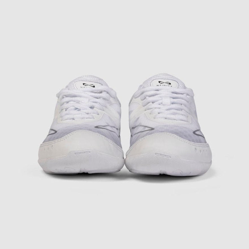 Nfinity Vengeance cheer shoe in white, pair, front view